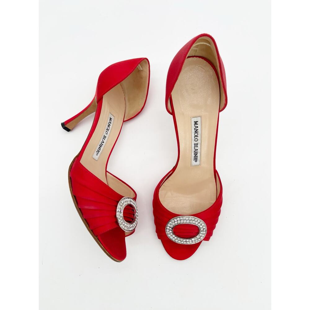 Manolo Blahnik y2k Red Silk Satin Sedaraby Crystal Brooch D'Orsay Heels IT 37